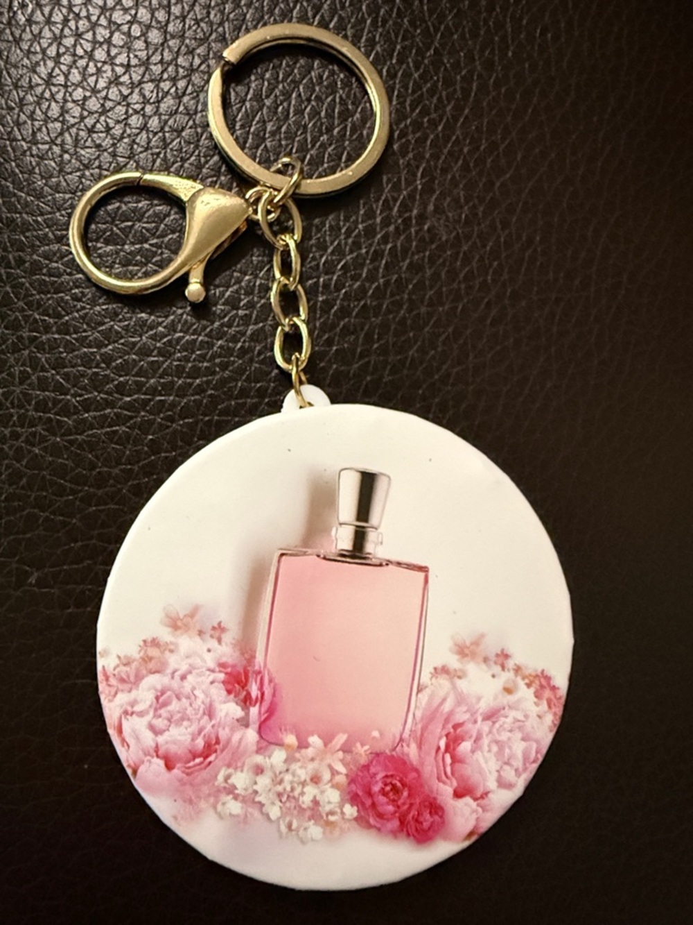 Pink Floral Perfume Bottle Keychain Backpack Charm